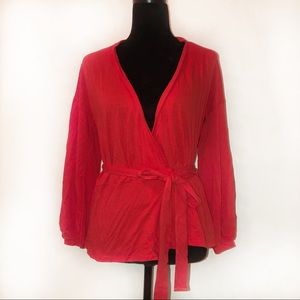 J. Crew Red Wrap Collared Long Sleeve Top, Small